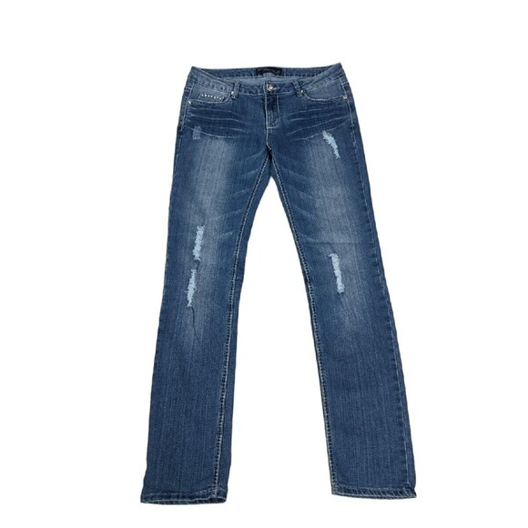 P&P Jeans 13/14 Junior's Blue Bedazzled Bling Rhinestone Pocket Straight Leg Y2K - Picture 2 of 6